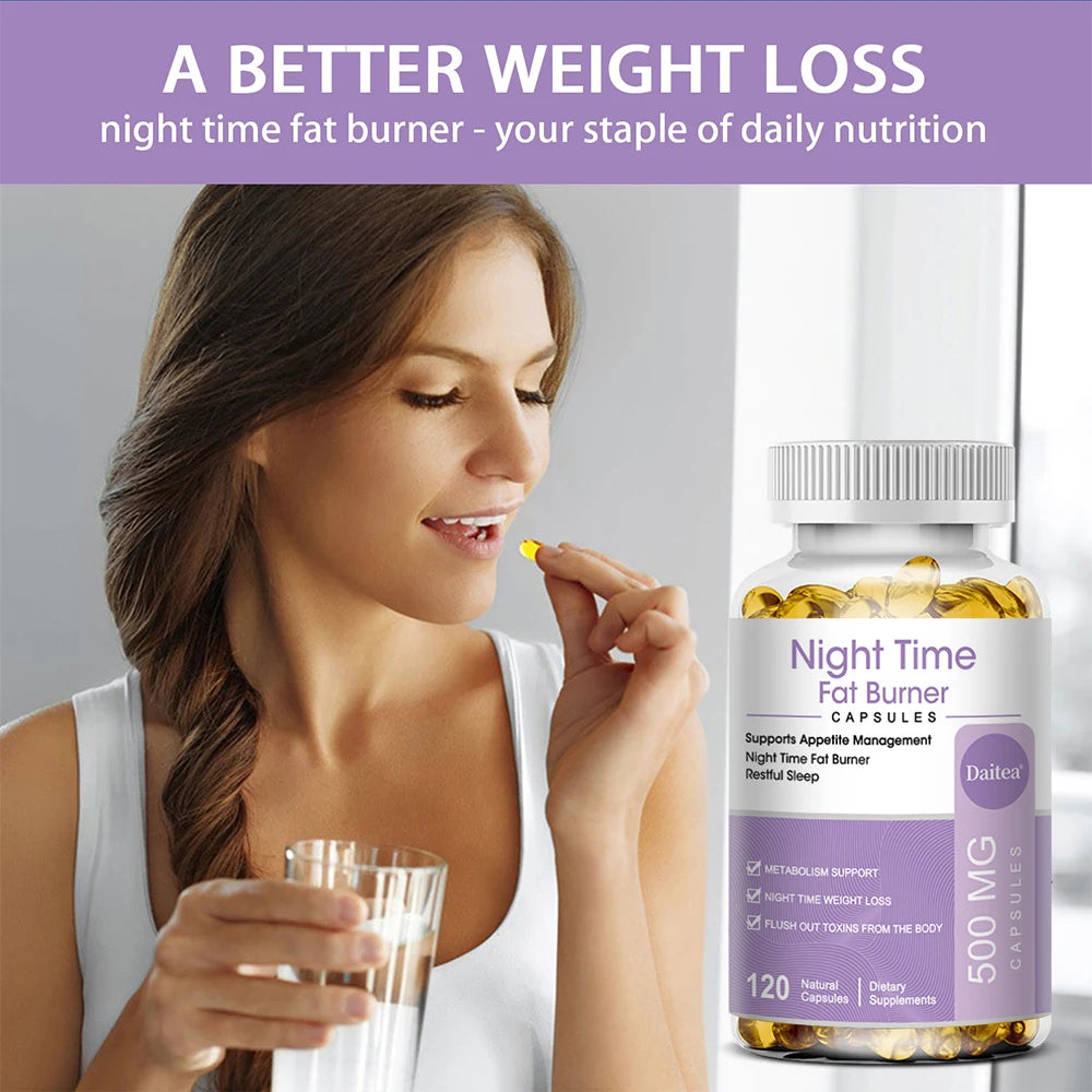 Daitea Night Time Fat Burner 500MG, for Men and Women, Weight Management, Healthy Sleep, Boost Metabolism, 120 Capsules