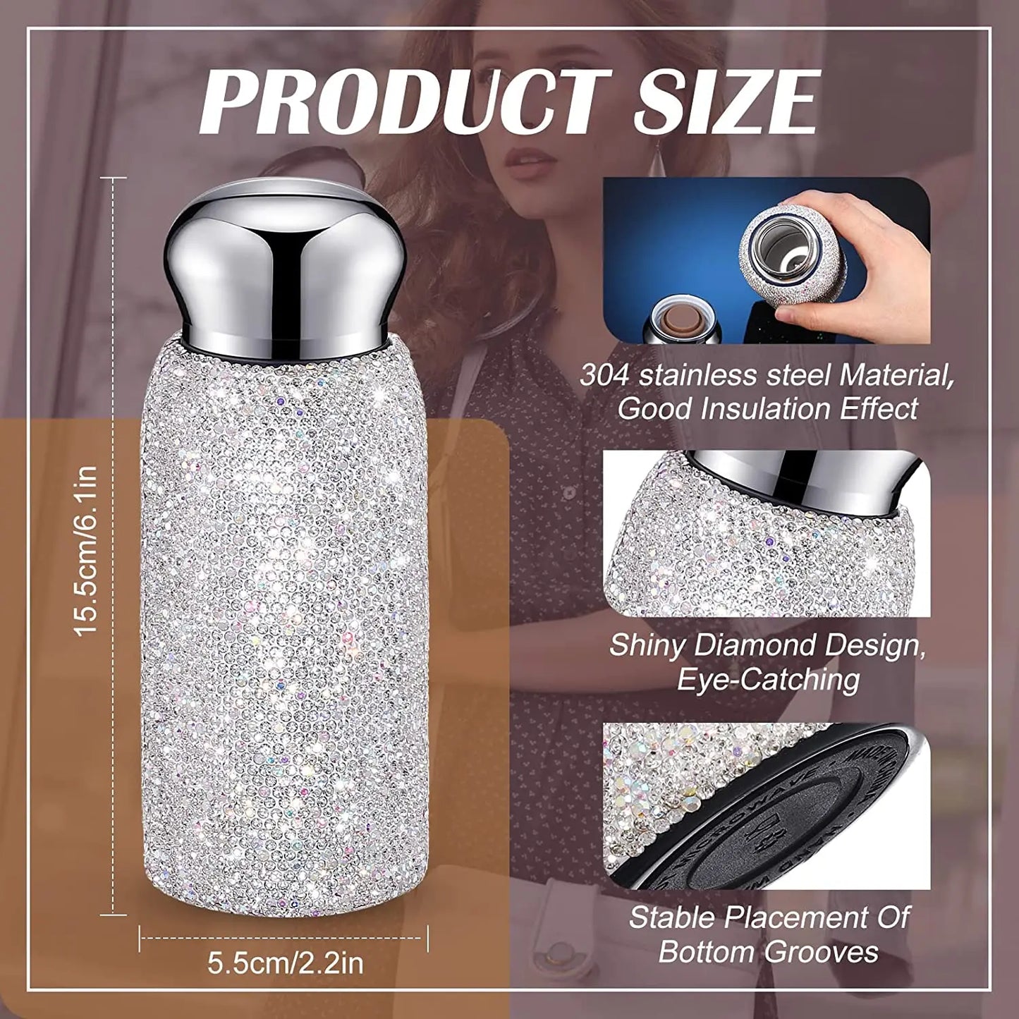 Rhinestone Water Bottle 260ML Diamond Insulated cups Luxurious Stainless Steel Thermos Mug Leak-Proof Water Cup for Coffee