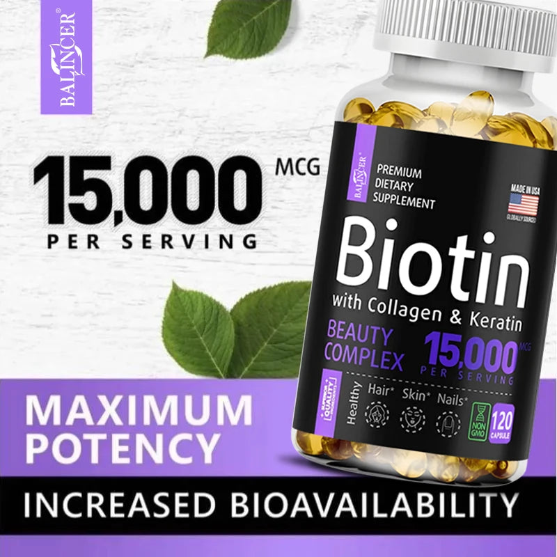 Biotin + Collagen + Keratin Supplement for Men and Women - Promotes Healthy Hair, Skin, Nails - Non-GMO