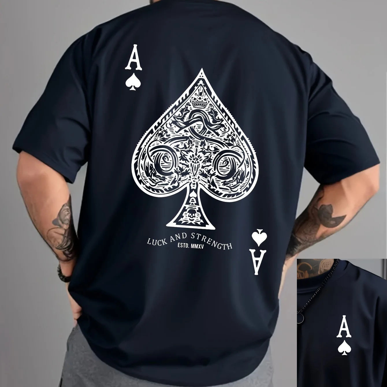 Summer men's 100% pure cotton casual sports loose oversized retro spade A printed comfortable round neck short sleeved T-shirt