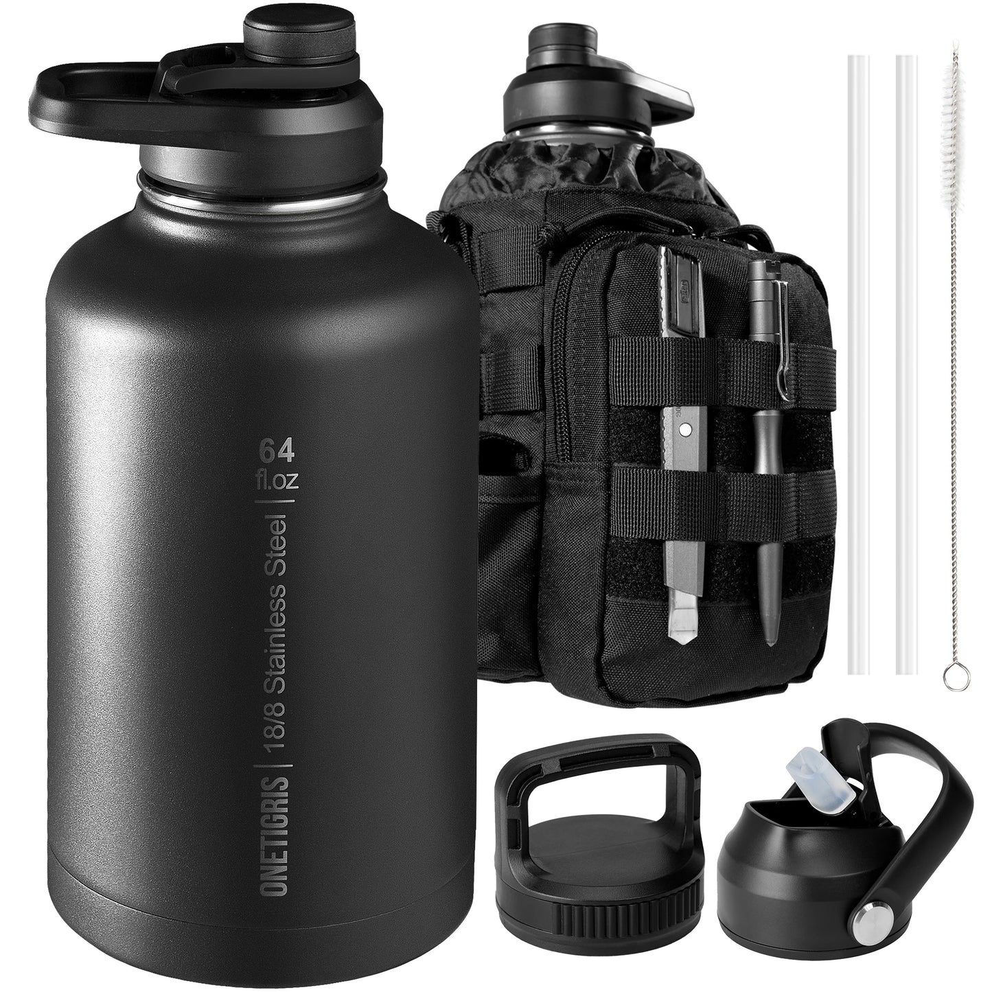 OneTigris 64oz Insulated Water Bottle, Stainless Steel Tactical Water Jug with 3 Lids, Straw, Leak-Proof Design & Carry Bag