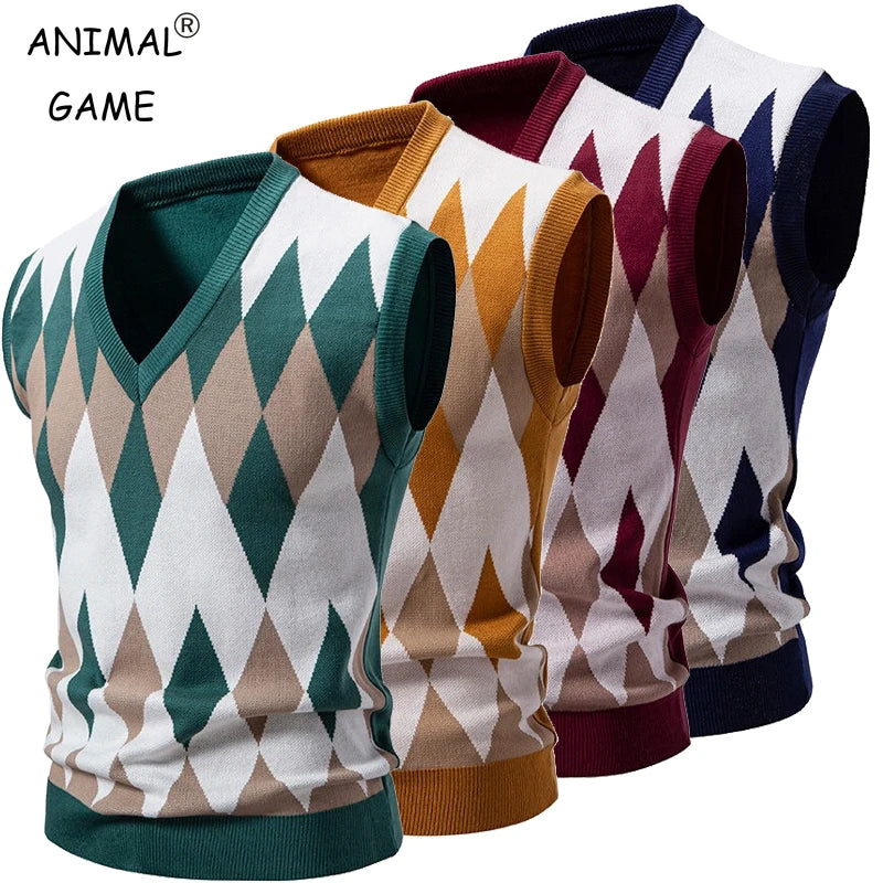 New Mens Argyle Knitwear Vest V Neck Sleeveless Casual Slim Fit Pullover Knitted Sweater lightweight vests
