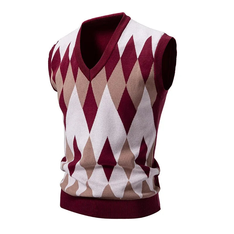 New Mens Argyle Knitwear Vest V Neck Sleeveless Casual Slim Fit Pullover Knitted Sweater lightweight vests