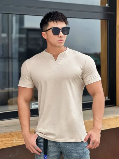Mens Clothing New Fashion V neck Short Sleeve T Shirt Men Slim Fit T-shirt Men cotton Casual Summer Gym Fitness Tee shirt