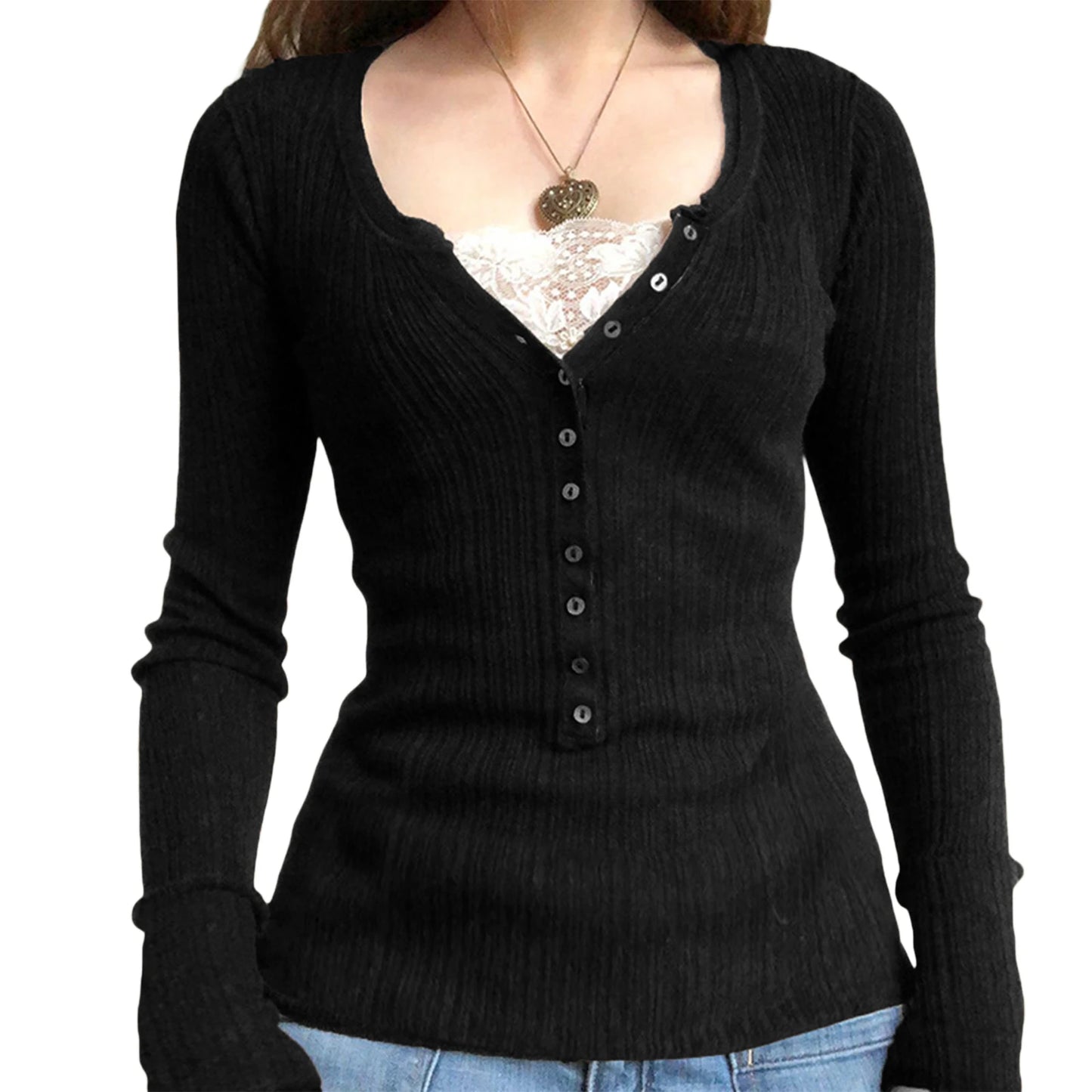 Women Button Front Knit Tops Long Sleeve Lace Patchwork Slim Fit Sweater Fall Fairy Grunge Gothic Y2K Clothes