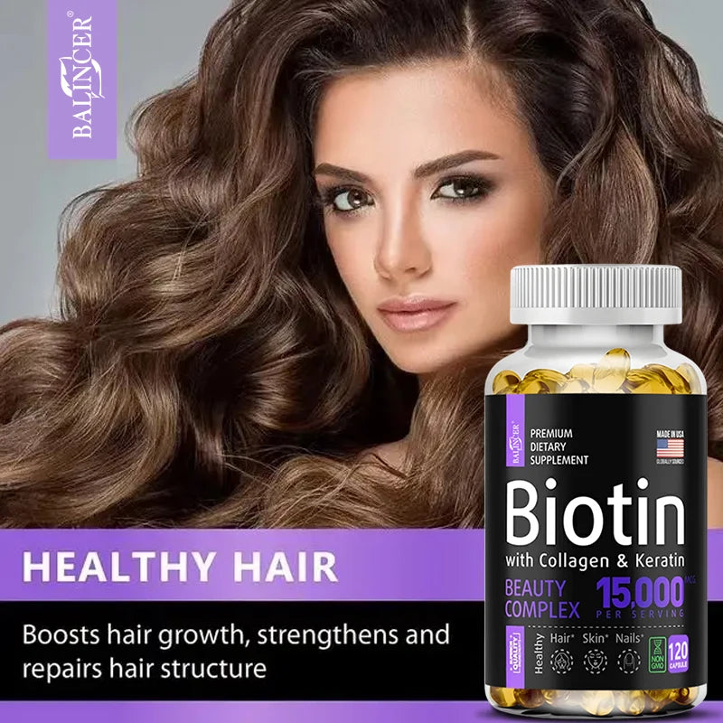 Biotin + Collagen + Keratin Supplement for Men and Women - Promotes Healthy Hair, Skin, Nails - Non-GMO