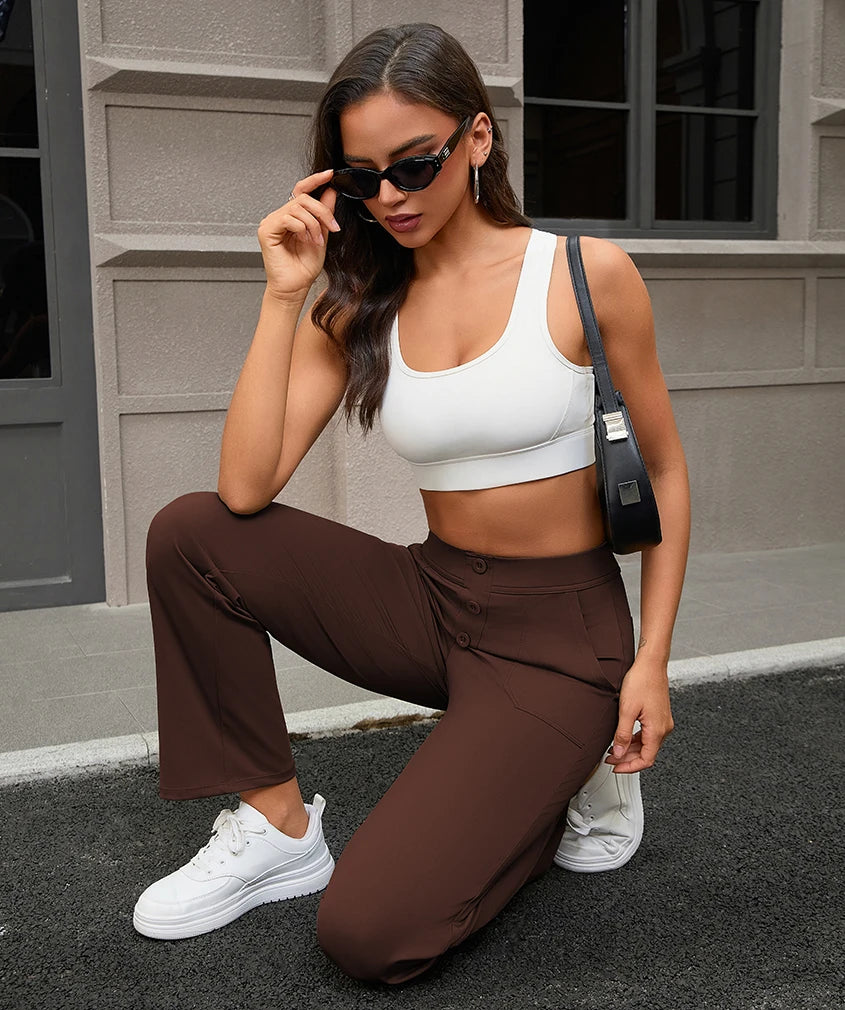 2025 New Spring Solid Color Loose Wide Leg Pants Women Button Casual Trousers Fashion High Waist Yoga pants Straight Pants