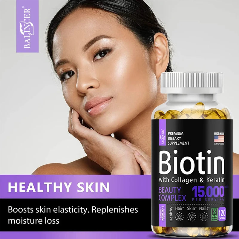 Biotin + Collagen + Keratin Supplement for Men and Women - Promotes Healthy Hair, Skin, Nails - Non-GMO