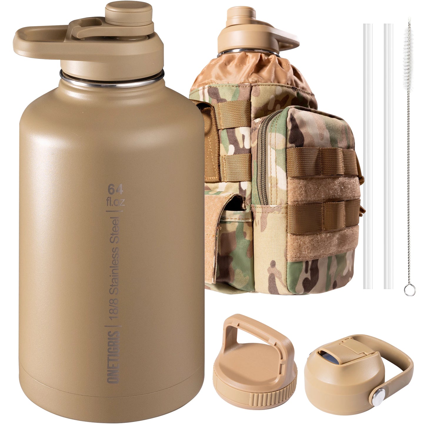 OneTigris 64oz Insulated Water Bottle, Stainless Steel Tactical Water Jug with 3 Lids, Straw, Leak-Proof Design & Carry Bag