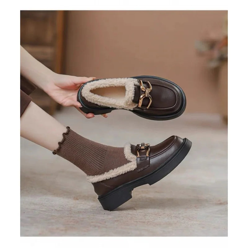 Women's Fur Lined Loafers 2025 Chunky Platform Winter Shoes Horsebit Slip On  Comfortable Flats