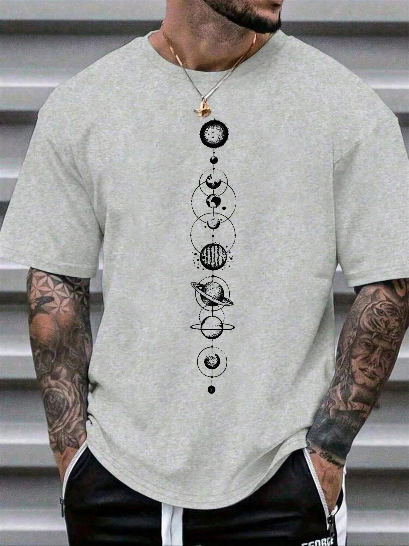 Men's summer 100 cotton fashionable casual sports loose space planet pattern printed round neck short sleeved T-shirt top