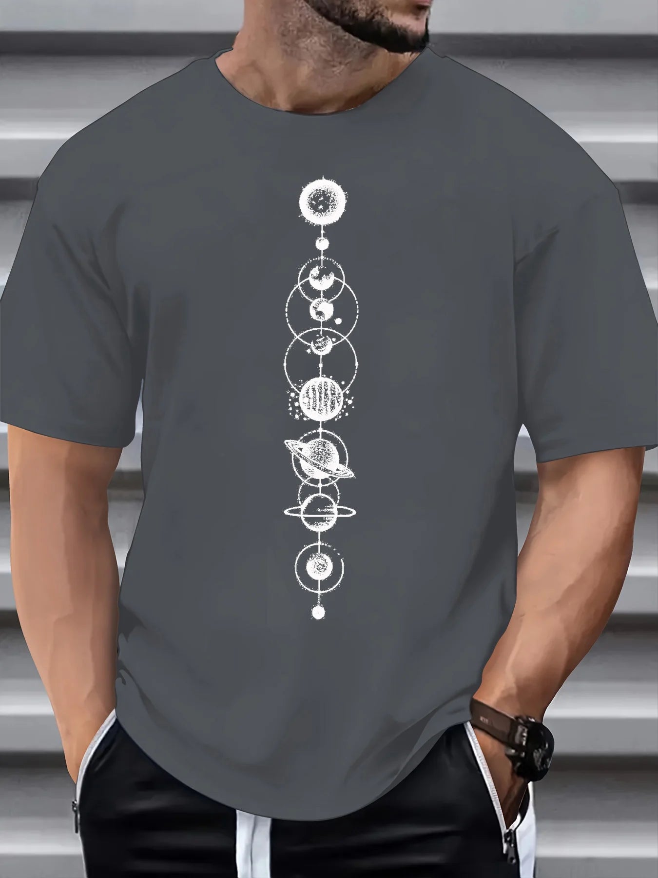 Men's summer 100 cotton fashionable casual sports loose space planet pattern printed round neck short sleeved T-shirt top