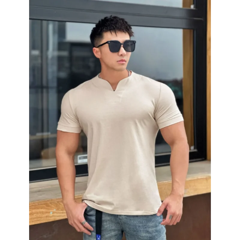 Mens Clothing New Fashion V neck Short Sleeve T Shirt Men Slim Fit T-shirt Men cotton Casual Summer Gym Fitness Tee shirt