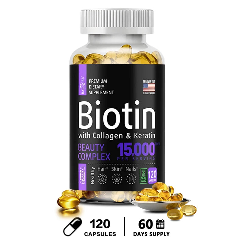 Biotin + Collagen + Keratin Supplement for Men and Women - Promotes Healthy Hair, Skin, Nails - Non-GMO