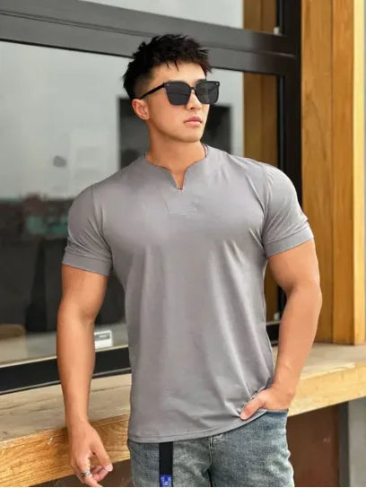 Mens Clothing New Fashion V neck Short Sleeve T Shirt Men Slim Fit T-shirt Men cotton Casual Summer Gym Fitness Tee shirt