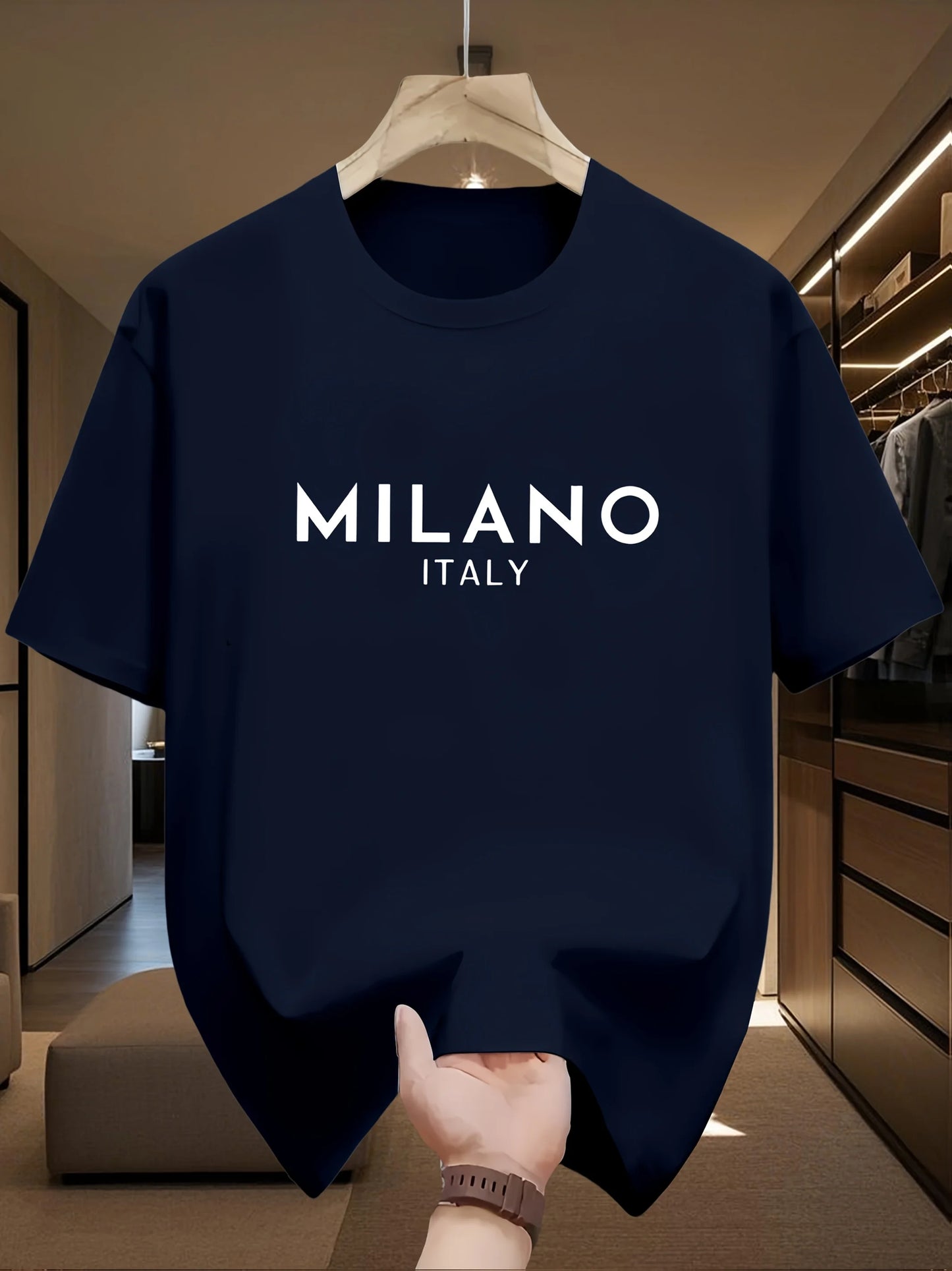 Men's 100% pure cotton fashionable casual loose Italian style Milan letter printed round neck short sleeved T-shirt top