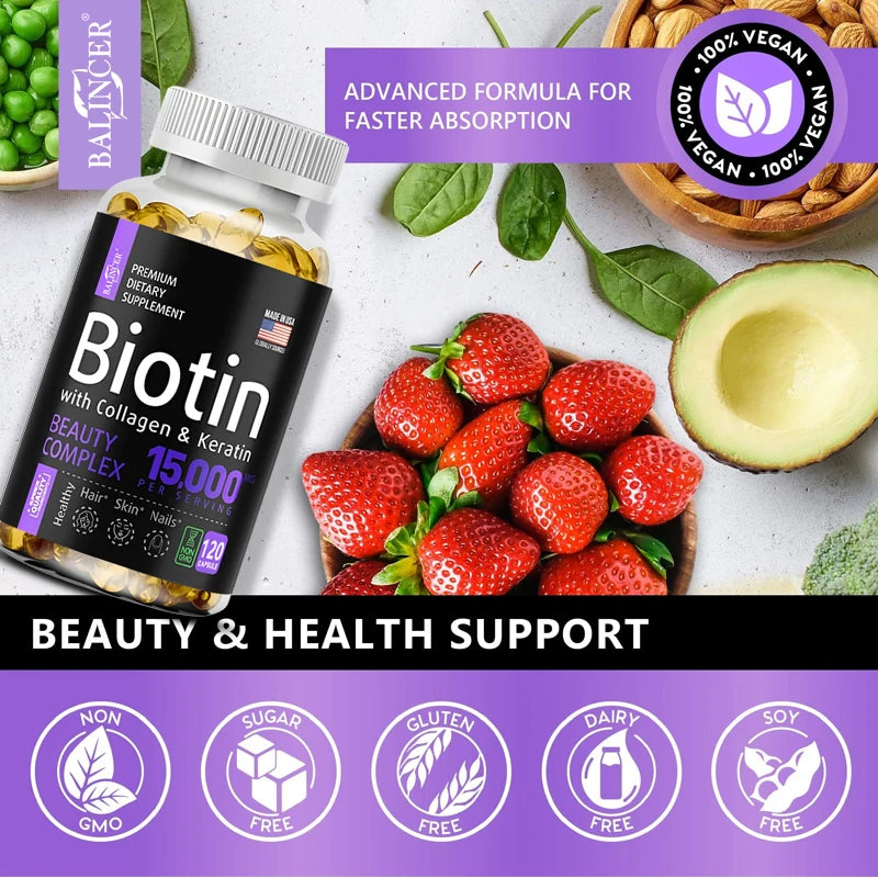 Biotin + Collagen + Keratin Supplement for Men and Women - Promotes Healthy Hair, Skin, Nails - Non-GMO