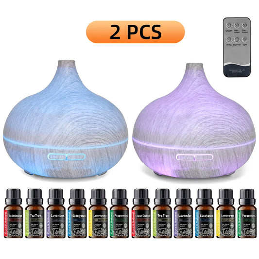 2 PCS 550ml Cool Mist Essential Oil Diffuser & Humidifier  Auto Shut-Off, Remote Control, 7 Color LED Lights, Soundwave Tech for