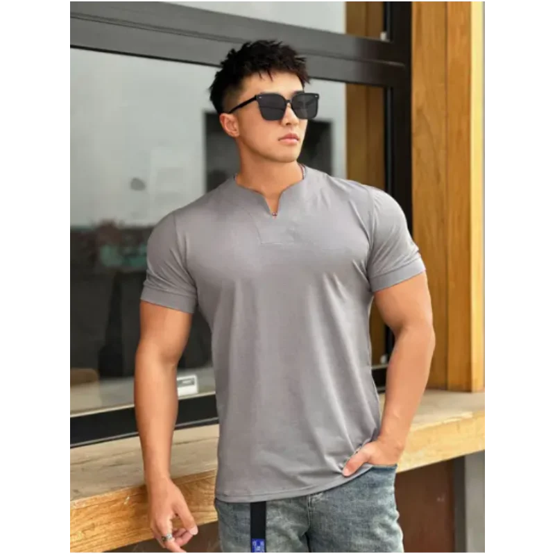 Mens Clothing New Fashion V neck Short Sleeve T Shirt Men Slim Fit T-shirt Men cotton Casual Summer Gym Fitness Tee shirt
