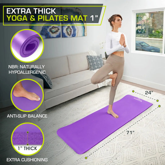 Extra Thick Yoga Mat, 1/2 or 1-Inch Thick, Non-Slip Pilates & Fitness Mat, High Density Cushioning for Floor Exercises, Home Gym