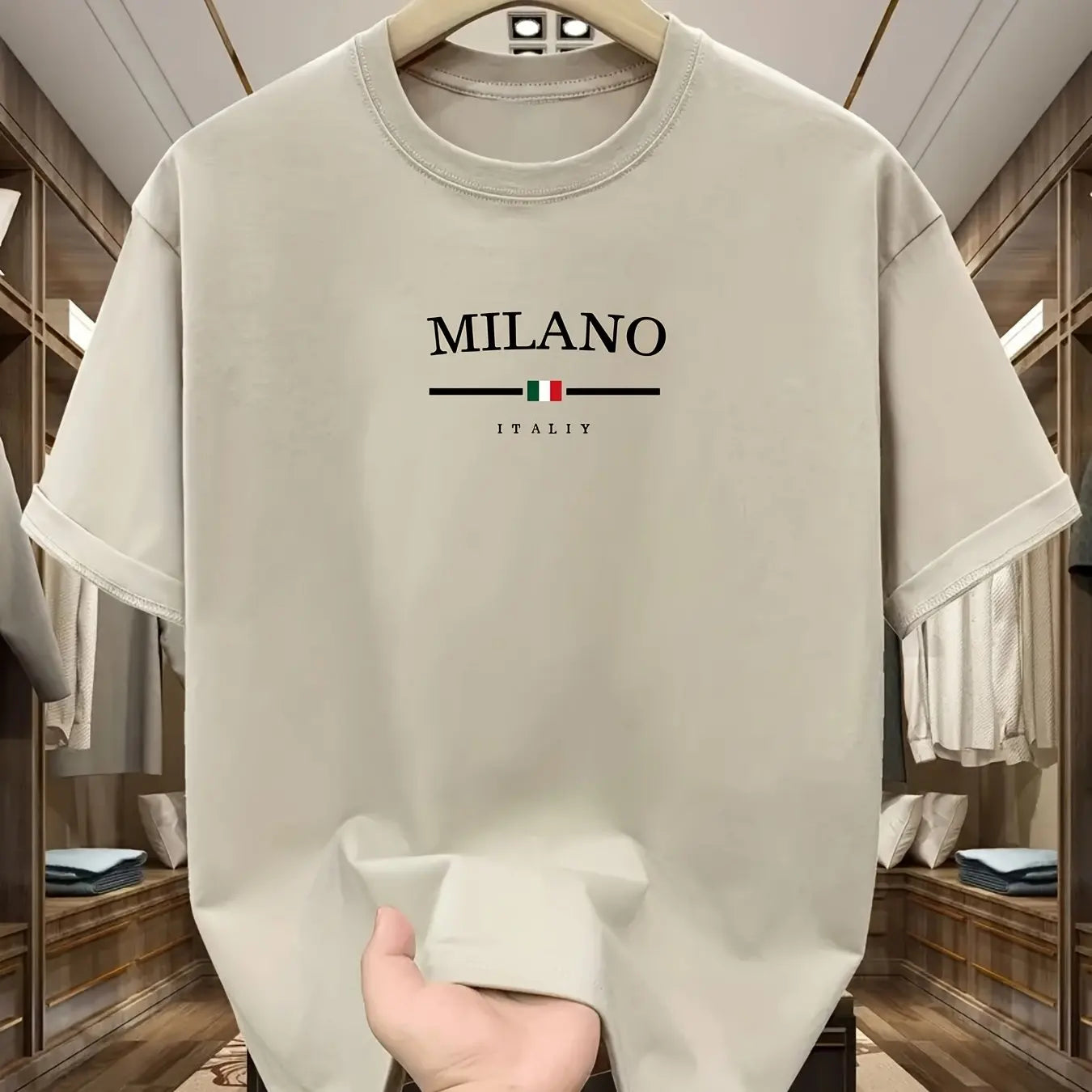 Men's 100% pure cotton fashionable casual loose Italian style Milan letter printed round neck short sleeved T-shirt top