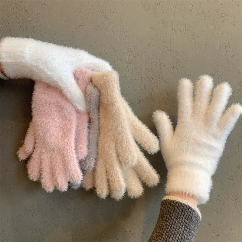 Fashion Winter Mink Velvet Five Finger Gloves Plush Warm Cold-proof Gloves Women Outdoors Cycling Solid Color Wistiti Mittens