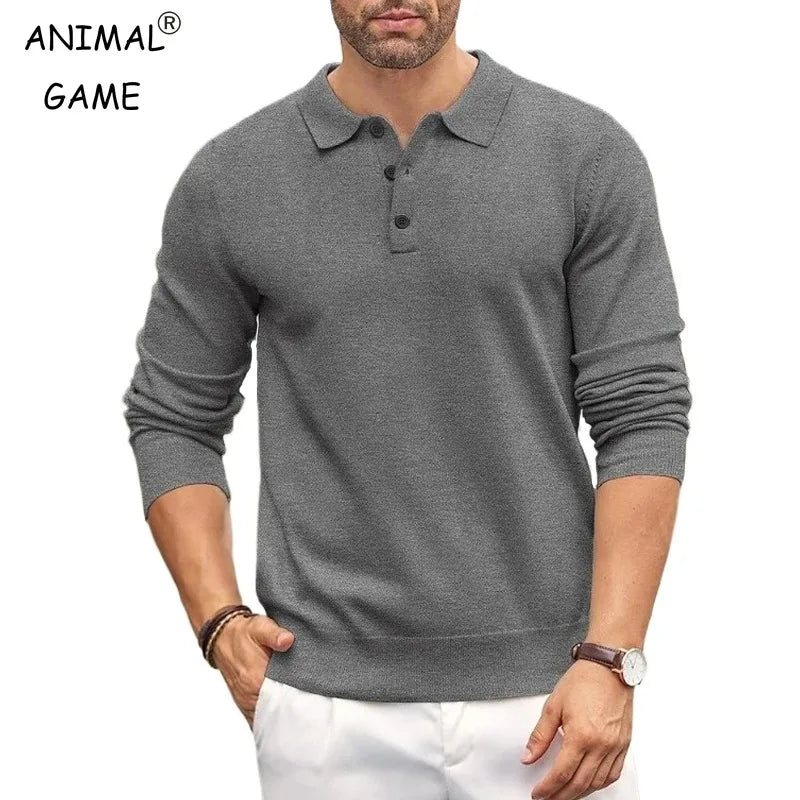 Animal Game Mens Button Polo Shirts Slim Mock Neck Shirt Knit Polo Sweaters Casual Dress Jumper Winter Thermal Pullover Sweater