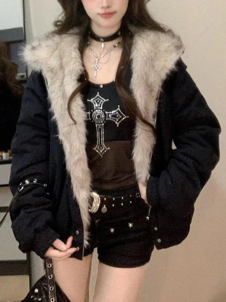 2025 Winter Black Elegant Vintage Jacket Woman Y2k Zip Up Hooded Design Harajuku Coat Female Loose Casual Korean Popular Clothes