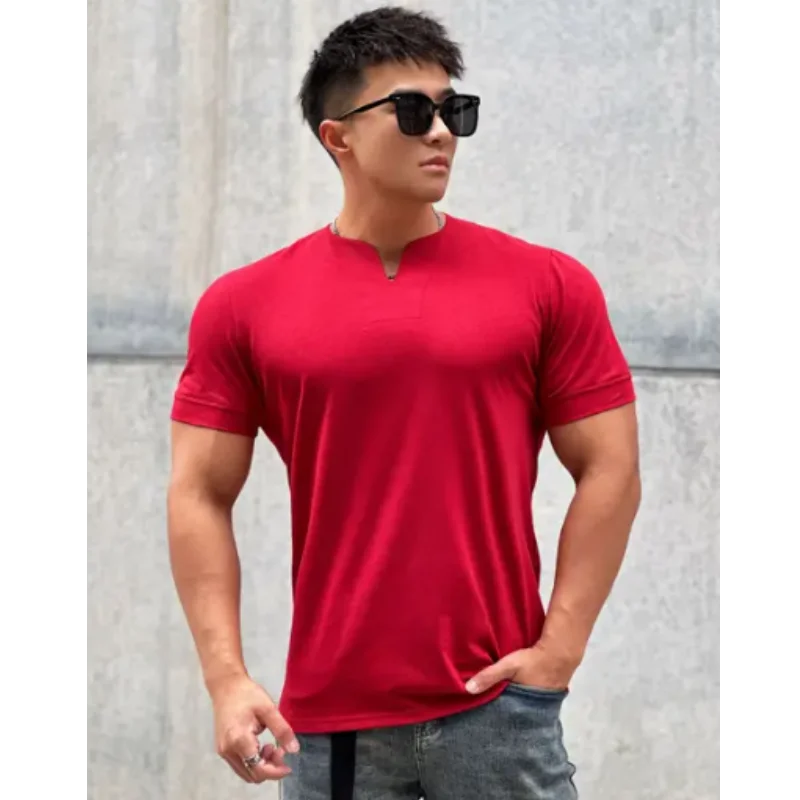 Mens Clothing New Fashion V neck Short Sleeve T Shirt Men Slim Fit T-shirt Men cotton Casual Summer Gym Fitness Tee shirt