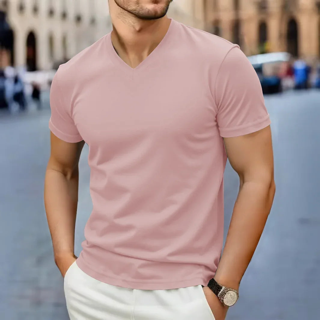 2025 New Men's Casual Fashion Simple V-neck Short Sleeved T-shirt Summer Comfortable Breathable Versatile Top
