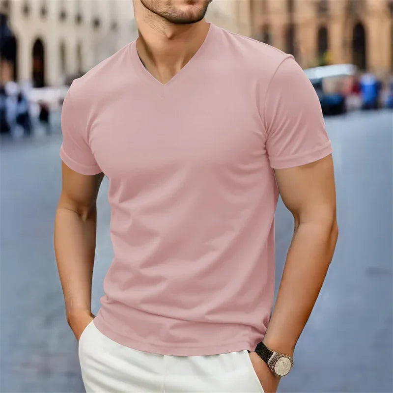 2025 New Men's Casual Fashion Simple V-neck Short Sleeved T-shirt Summer Comfortable Breathable Versatile Top