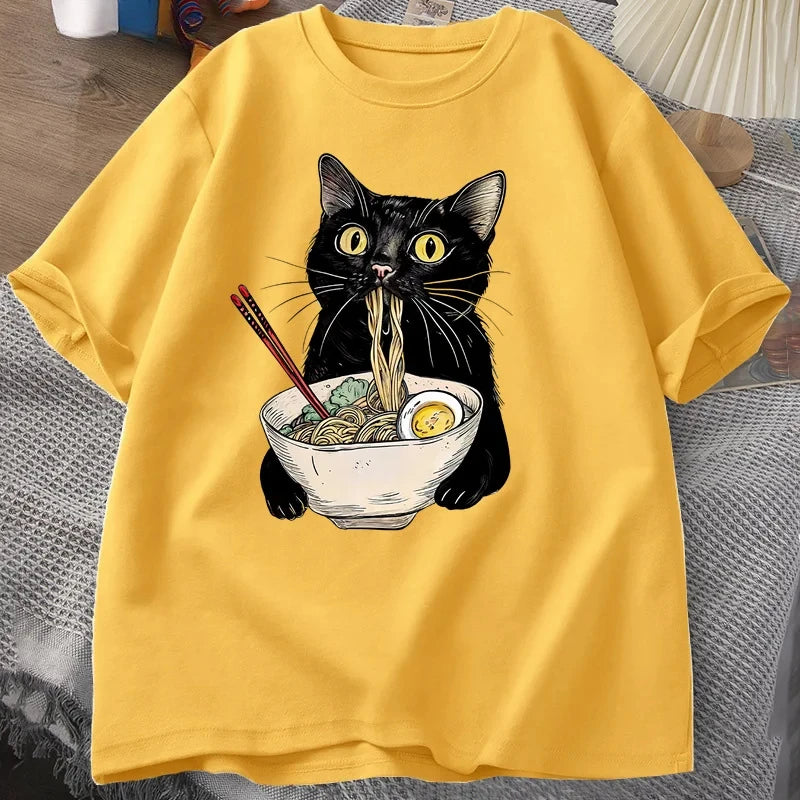 Noodle Ramen Cat T-Shirt Foodie Lover T Shirts Black Cat Noodle T-Shirts Retro Casual Short Sleeve Tshirt for Men Women Clothes