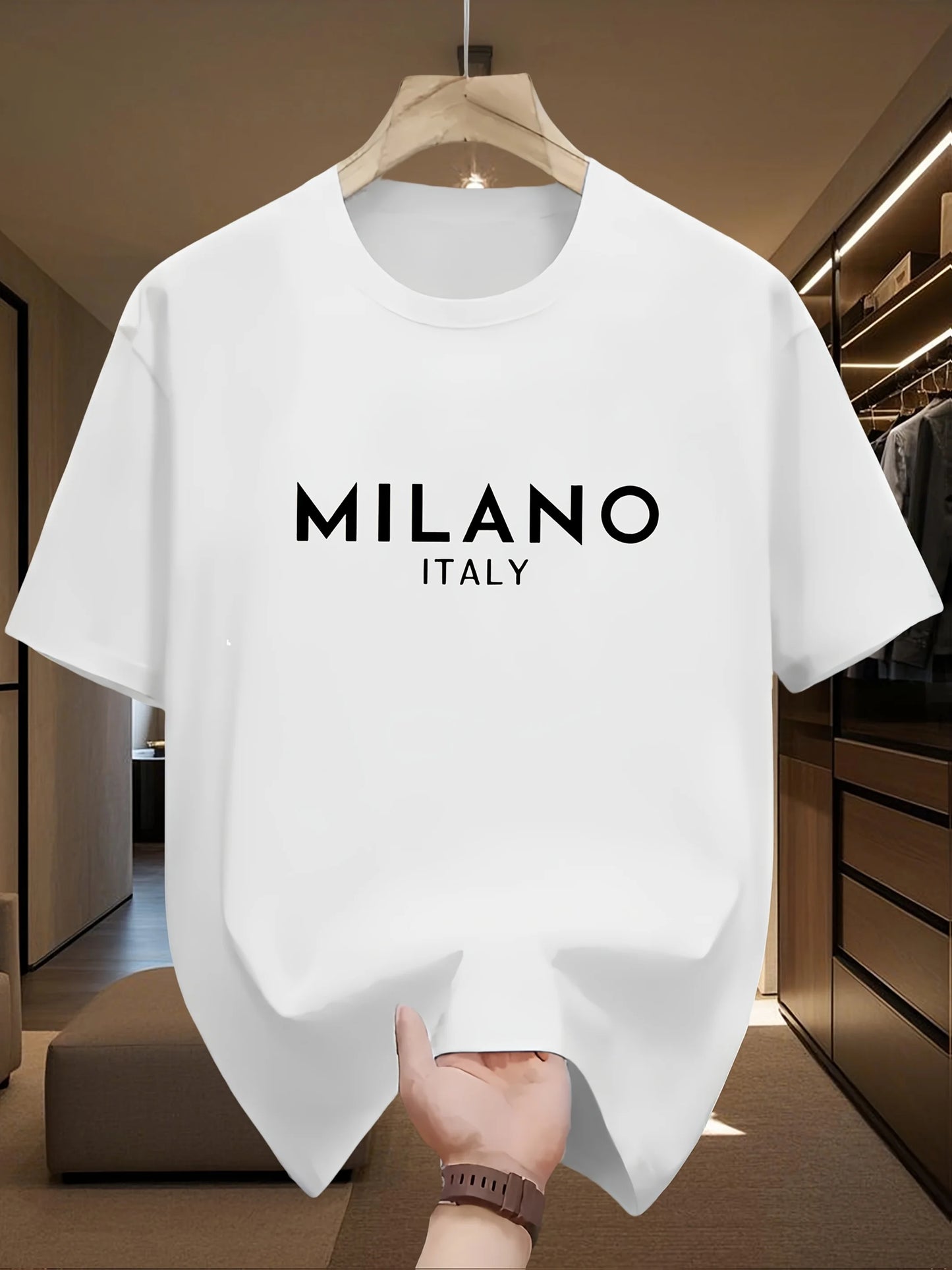 Men's 100% pure cotton fashionable casual loose Italian style Milan letter printed round neck short sleeved T-shirt top
