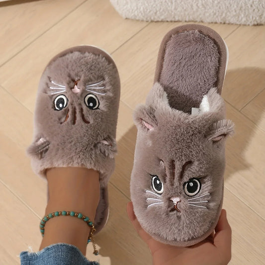 Womens Plush Cat Slippers Winter Warm Cozy Indoor House Shoes Soft EVA Sole Non-Slip Design